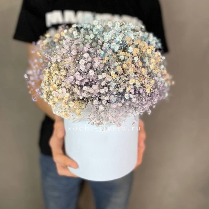 9 Радужных гипсофил в шляпной коробке в Ижевске