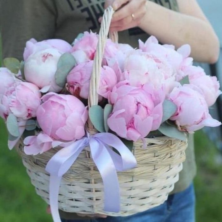 15 пионов в корзине в Ижевске